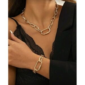 NEW! 14K Gold Plated Paperclip Link w/ Carabiner Clip Necklace & Bracelet Set